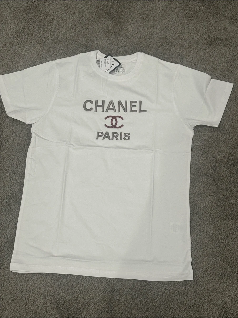 CHANEL White Tee with Brown Logo and Grey Text - Picture 1 of 1